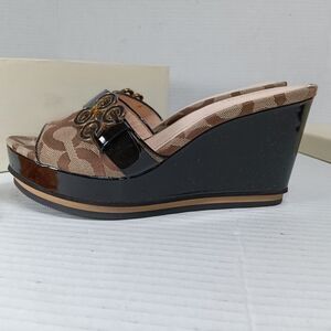 COACH Geri Black Brown Logo Print Canvas Wedge Heel Platform Sandals - US 6